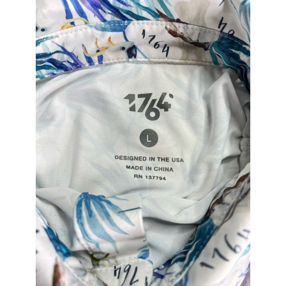 1764 Golf Shirt Men L Cockatoo Floral All Over Graphic Stretch Performance Polo